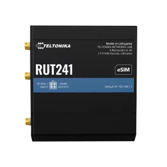 Teltonika RUT241 industrial 4G LTE router, front of aluminium DIN-rail housing